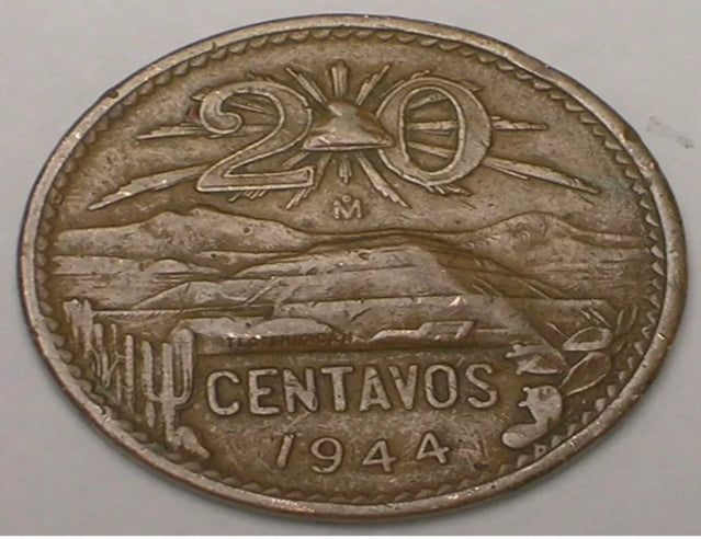 1944 Mexico Mexican 20 Centavos Sun Pyramid WWII Era Coin VF