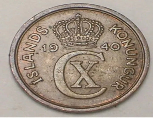 1940 Iceland Icelandic One 1 Eyrir Crowned Monogram WWII Era Coin VF+