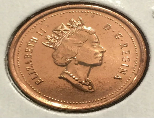 1999 Kanada 1-Cent-Fehlermünze mit einem Punkt auf dem N in Kanada + „N“-Punkt-Variante BU.