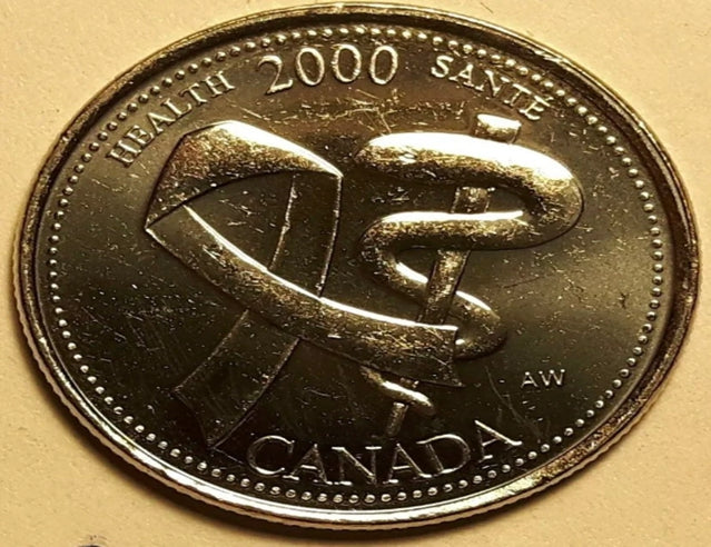 ERREUR 2000 Santé CANADA Extra Métal sur Légende Pièce de 25 Cents