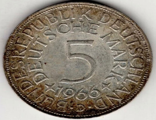 1966 Germany five 5 mark silver world coin D Mark